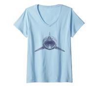 Mujer Cara de tiburón peregrino Grabado Vintage Especies del océano Camiseta Cuello V