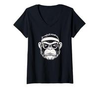 Mujer Cara Divertida de Mono/chimpancé con Gafas de Sol y Diadema Camiseta Cuello V