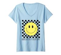 Mujer Cara Feliz Linda Sonrisa Retro a Cuadros Sonriente Cara Positiva Camiseta Cuello V