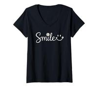 Mujer Cara Sonriente Retro con Margarita Flor Cita Positiva Verano Camiseta Cuello V