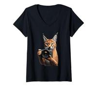 Mujer Caracal Fotógrafo Fotografía Cámara Camiseta Cuello V