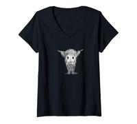 Mujer Carbón con Estampado Animal de Vaca de Las Tierras Altas No 26 Camiseta Cuello V