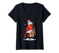 Mujer Cardenal Invernal sobre casita de Aves Camiseta Cuello V