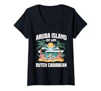 Mujer Caribe Vacaciones Fan Holandés Turístico Viaje Isla Aruba Camiseta Cuello V