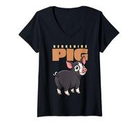 Mujer Caricatura Berkshire Cerdo Granja Animal Amante Lindos Cerdos Camiseta Cuello V