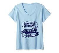 Mujer Caricatura Genial con diseño de Muscle Car de los 70 con diseño de Gimme All of Your Money Camiseta Cuello V