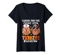 Mujer Caring For The Cutest Little Turkeys NICU Crew Thanksgiving Camiseta Cuello V