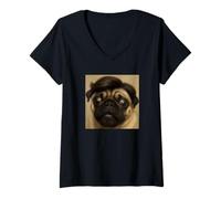 Mujer Carlino Lindo Divertido con Peluca borrosa Foto Meme Camiseta Cuello V