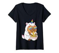 Mujer Carpincho Unicornio Comiendo Ramen Arco Iris Orgullo Kawaii Camiseta Cuello V
