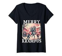 Mujer Carrera Krampus | Papá Noel Malo | Perchten Bartl Krampus Camiseta Cuello V