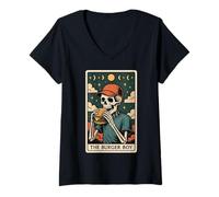 Mujer Carta de Tarot con Forma de Esqueleto de Hamburguesa The Burger Boy Witchy Moon Camiseta Cuello V