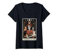 Mujer Carta de Tarot con Forma de Esqueleto de The Crazy Cat Lady Cat Mom Witchy Moon Camiseta Cuello V