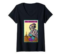 Mujer Carta De Tarot De Ganchillo Esqueleto Crocheter Tejer Camiseta Cuello V