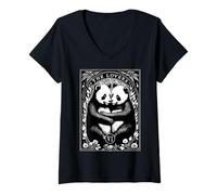 Mujer Carta de Tarot de The Lovers, Bonita Pareja de Amantes de los Pandas, Vintage Camiseta Cuello V