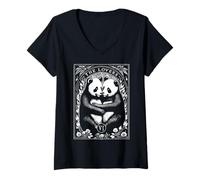 Mujer Carta de Tarot de The Lovers, Bonita Pareja de Amantes de los Pandas, Vintage Camiseta Cuello V
