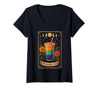 Mujer Carta de Tarot The Bubble Tea Boba Tea Milk Tea Witchy Moon Camiseta Cuello V