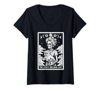 Mujer Carta de Tarot The Crazy Bulldog Lady Dog con Forma de Esqueleto, Luna Bruja Camiseta Cuello V