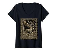 Mujer Carta del Tarot de la constelación del Ciervo místico Celestial Camiseta Cuello V