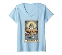 Mujer Carta del Tarot del Emperador con forma de gato en caja, cuenco de comida, divertido gato Camiseta Cuello V