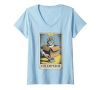 Mujer Carta del Tarot del Emperador con forma de gato en caja, cuenco de comida, divertido gato Camiseta Cuello V