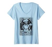 Mujer Carta del Tarot The Baker: Esqueleto horneando Calaveras, Cocinero, Brujo y Chef Camiseta Cuello V