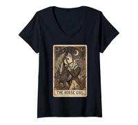 Mujer Carta del Tarot The Horse Girl, Arte Ecuestre gótico Vintage Camiseta Cuello V