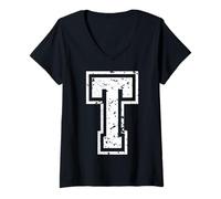 Mujer Carta t Nombre Inicial Monograma Varsity Alphabet cumpleaños Camiseta Cuello V