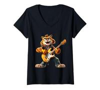Mujer Cartoon Tiger Rock Guitarrista Tocando Guitarra Eléc Camiseta Cuello V