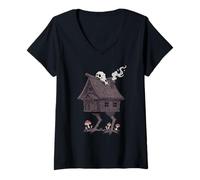 Mujer Casa Embrujada Calavera Arte Gótico Camiseta Cuello V