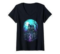 Mujer Casa embrujada Luna de Sangre Arte de Grabado en Madera Camiseta Cuello V