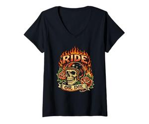 Mujer Casco de Calavera Vintage para Motociclista, diseño de Llamas Camiseta Cuello V
