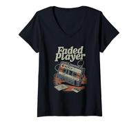 Mujer Casete desteñido etiquetado McFly 80s Nostalgia Player Vibes Camiseta Cuello V
