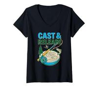 Mujer Cast & Release Pesca con Mosca Catch Life Trucha Reel Rod Fisherm Camiseta Cuello V