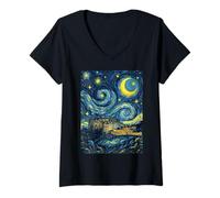 Mujer Castillo de Edimburgo Escocia Noche Estrellada Historia del Arte Presente Camiseta Cuello V