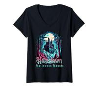 Mujer Castillo Embrujado Fantasmas Bosque Noche de Miedo Camiseta Cuello V