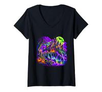 Mujer Castillo Encantado Halloween Espeluznante Escena De Fantasía Camiseta Cuello V