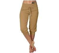 Mujer Casual Deporte Yoga Bolsillos Sólidos Cinturón Elástico Cintura Pantalones 3/4 Largo Pantalones, caqui, L