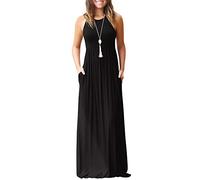 Mujer Casual Playa Fiesta Falda Verano Sin Mangas Estidos Largos Maxi Vestido con Bolsillo, Negro