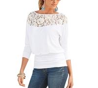 Mujer Casual Redondo Manga Larga De Encaje Patchwork Blusa Camiseta Blanco S