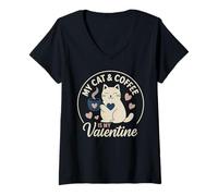 Mujer Cat and Coffee is My Valentine's Day Hombres Mujeres Niños Camiseta Cuello V