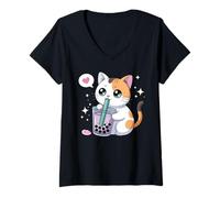 Mujer Cat Boba Japonés Kawaii Anime Kitty Bubble Tea Anime Camiseta Cuello V
