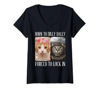 Mujer Cat Born To Dilly Dally Forced Lock In Meme Mujeres Hombres Niños Camiseta Cuello V