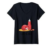 Mujer Cat-Chup Lindo Cat Humor Ketchup Juego de palabras Camiseta Cuello V