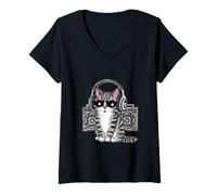 Mujer Cat Escucha la música para los Amantes de la música Camiseta Cuello V