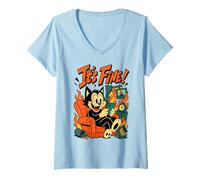 Mujer Cat In Fire - It's Fine Meme Divertido enviando Mensajes de Texto a un felino Camiseta Cuello V