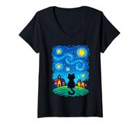 Mujer Cat Looking At Starry Night Sky Colorful Moon Houses Stars Camiseta Cuello V