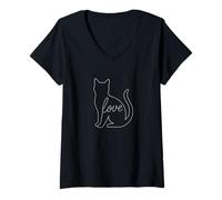 Mujer Cat Love Line Art Lindo Kitty Animal Cozy Feline Lover Pet Camiseta Cuello V