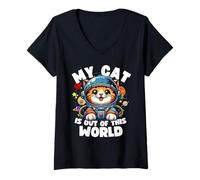 Mujer Cat Lover diseña un divertido gato con la frase «Mi gato está fuera de este mundo» Camiseta Cuello V