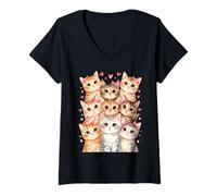 Mujer Cat Loving Girls Nueve Gatos con Lazos Rosas y corazón de Amor Camiseta Cuello V