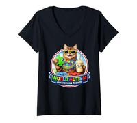 Mujer Cat & Milkshake Gafas de Sol Mes Mundial de Concienciación sobre el Autismo TDAH Camiseta Cuello V